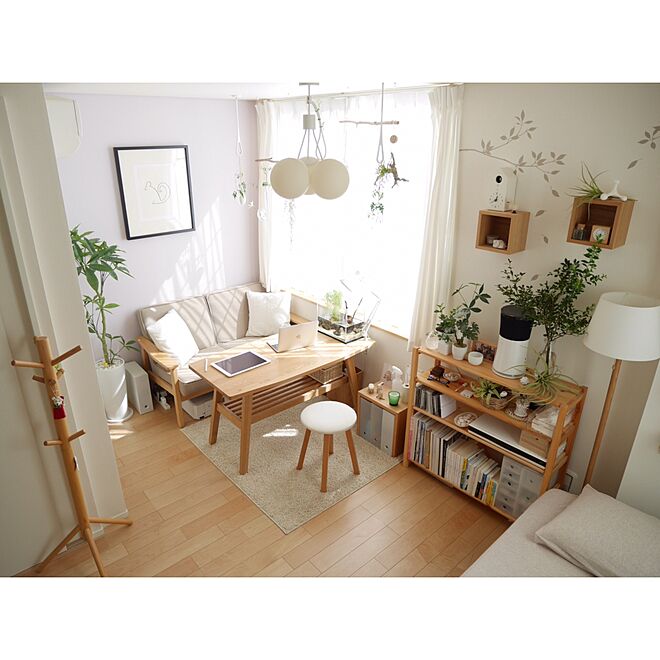 studio lumineux avec touches vegetales et mobilier en bois